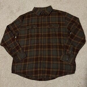 George Mens Flannel Shirt Long Sleeve Button Down Green Brown Plaid, Sz L